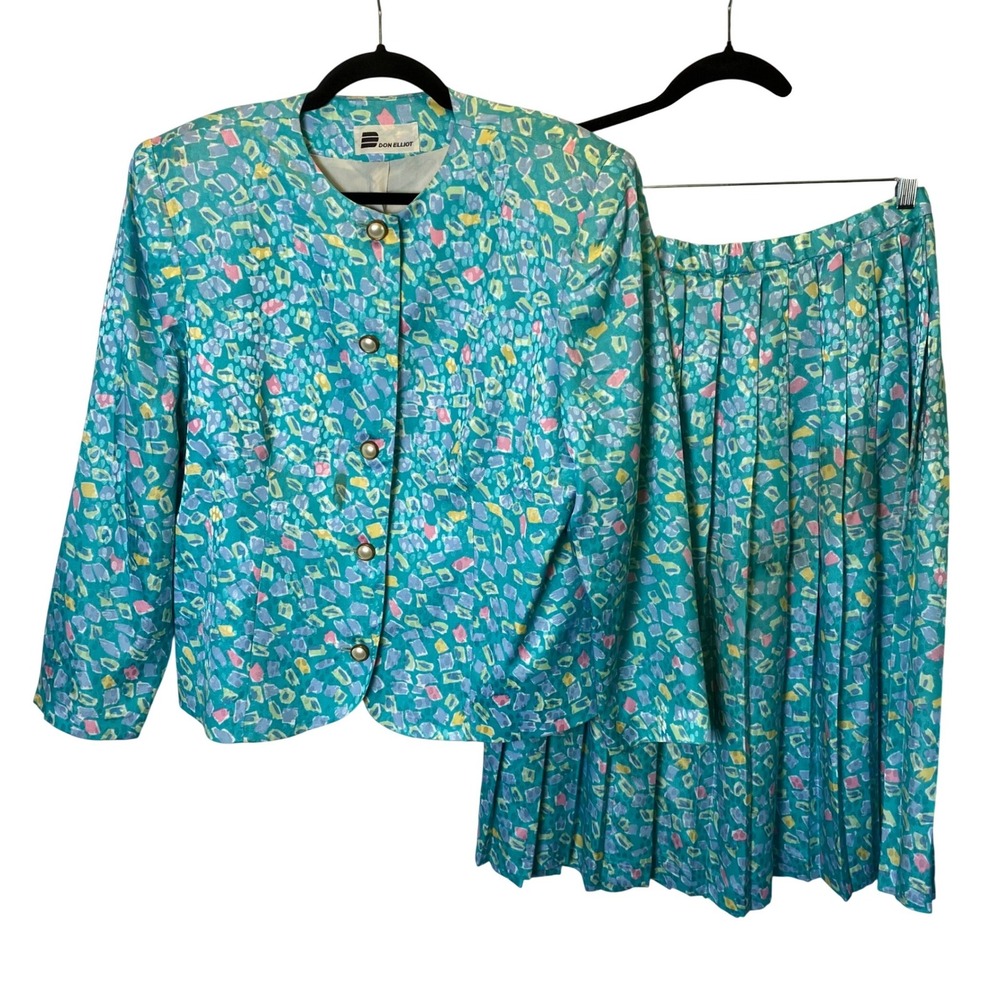 Vintage 80's Don Elliot Skirt Suit Womens 16 Teal Multi Abstract Pleated Office